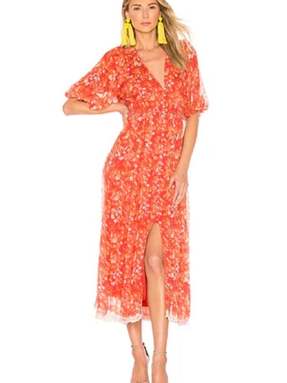HEMANT & NANDITA Orange Floral Maxi Dress with Puff Sleeves Size Small